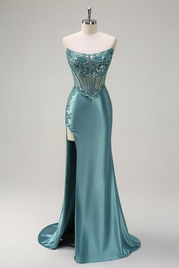 Sparkly grigio blu sirena senza spalline corsetto puro raso lungo Abito da cerimonia con fessura